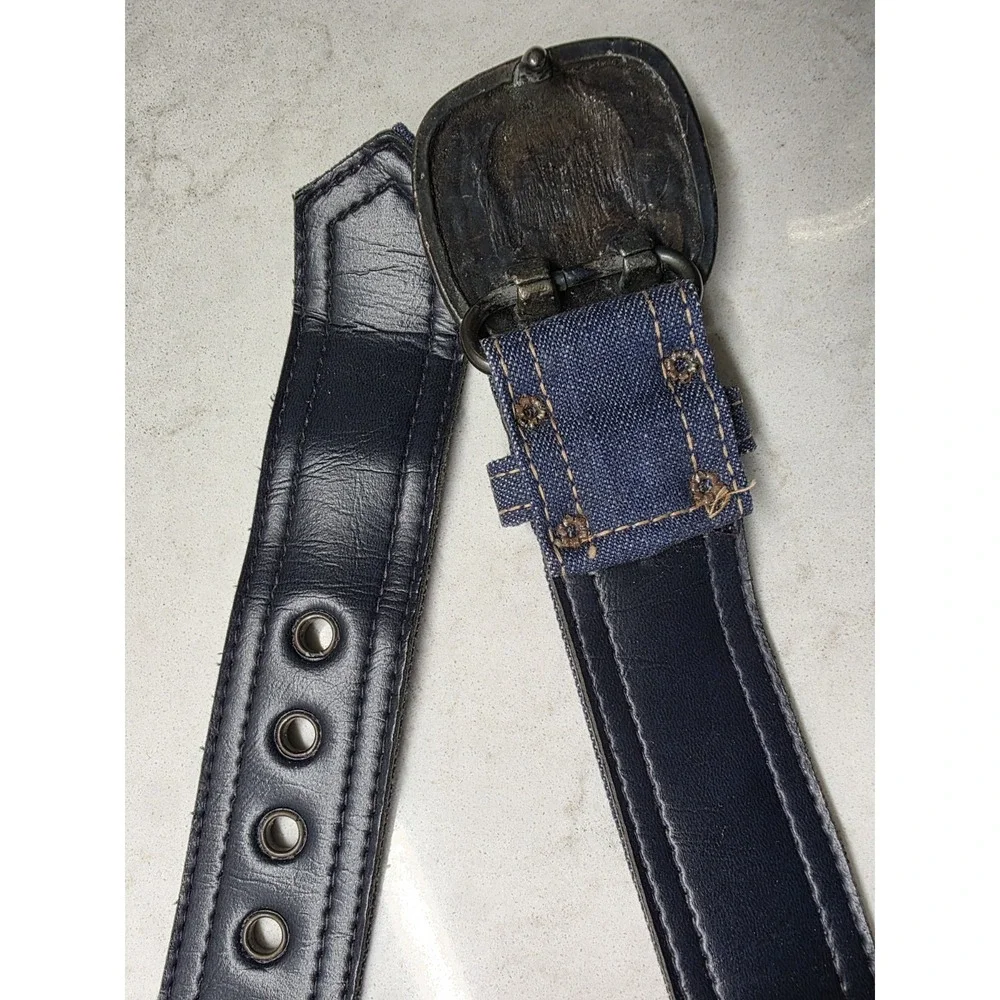 Y2K Gear Works Industrial Belt 30 Blue Canvas Leather Grommet Buckle